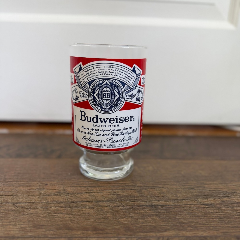 Vintage‎ 80s Budweiser Footed Beer Glass Red White Blue